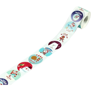 Roll of cartoon snowman and reindeer Merry Christmas stickers for gift labeling