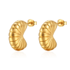 French vintage 18K gold plated stainless steel semi-circle shell pattern stud earrings