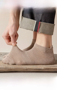 Detail view of khaki cotton ankle socks with anti-slip heel design and elastic cuff