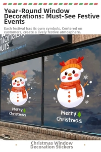 Detailed view of Christmas snowman window stickers with snowflakes and Merry Christmas text