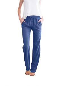 Women's dark blue cotton linen wide leg pants with drawstring elastic waist and pockets