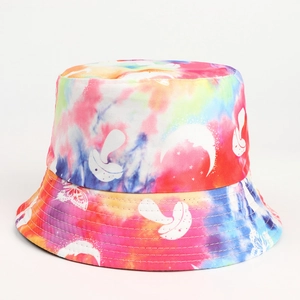 Detail of colorful tie-dye bucket hat featuring white mushroom, moon and butterfly prints