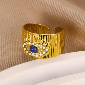 Vintage 18K gold-plated stainless steel wide ring with blue evil eye stone and diamond detail