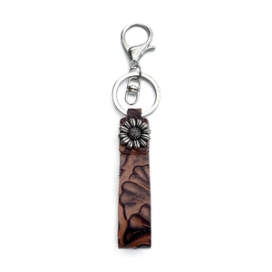 Western vintage genuine brown leather keychain with turquoise flower and floral embossing