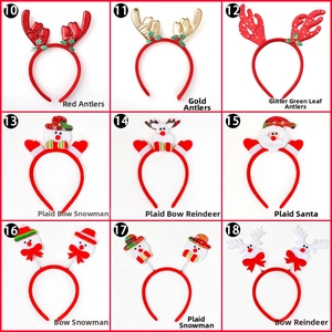 Grid view of various Christmas headbands with Santa, snowman, and reindeer antler designs