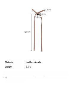 Detailed view of milk tea brown leather bow hair clip with 30cm long straps and dimensions
