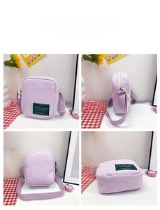 Detailed views of purple corduroy small square crossbody bag from multiple angles