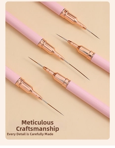Detail view of five professional ultra-fine nail liners with rose gold metal ferrules