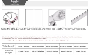 Size guide for S925 silver charm bracelets showing wrist measurements and recommended lengths