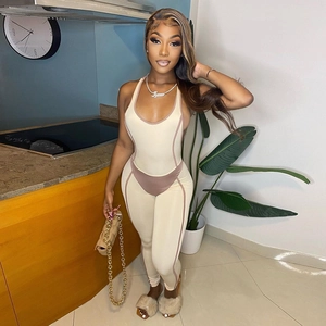 Combinaison Bodycon Bloc De Couleur Sans Manches Femme Sexy Streetwear Gothique Catsuit Mode Ajourée