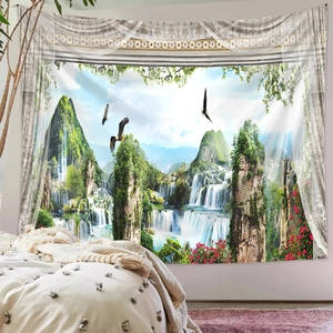 Detail of bedroom wall tapestry featuring scenic nature landscape with waterfalls and eagles