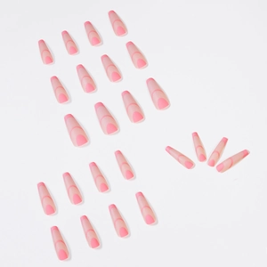 Matte pink French long coffin press-on nails set with curved decorative lines