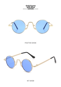 Detailed views of vintage small round sunglasses with gold metal frames and blue lenses