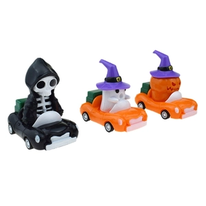 Halloween pull back toy car set featuring pumpkin, ghost and skeleton driver characters
