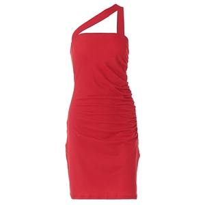 Red one-shoulder bodycon mini dress featuring side ruching and a slim fit design