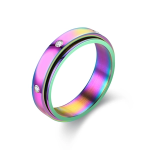 Macro detail of rainbow gradient titanium steel spinner ring with four inset zircons
