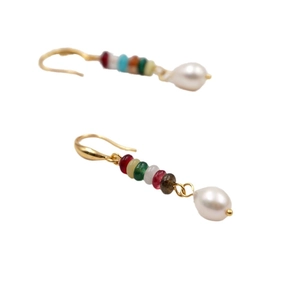 Ethnic checkered stone and freshwater pearl drop earrings with gold hooks for women