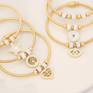 Fashion Gold Plated Stainless Steel Snake Chain Charm Bracelet Women With Evil Eye Tree Of Life Zircon Magnetic Clasp