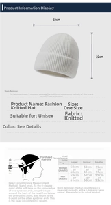 Size chart showing width 22cm and height 22cm for knitted beanie hats with measurements