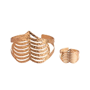 Golden hollow heart open bangle and ring set with textured punk metallic finish
