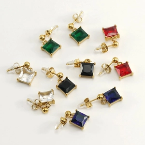 Square cut zircon titanium steel earrings in five colors with elegant gold plating