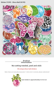Close-up of 50pcs disco ball stickers featuring hearts and cherries for laptop decor
