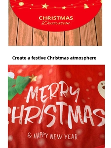Detail of red Christmas tree skirt with Merry Christmas text and festive patterns
