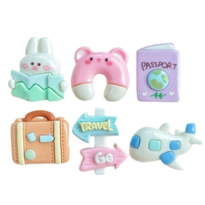 6-piece travel theme resin charms featuring a plane, suitcase, and passport for DIY crafts