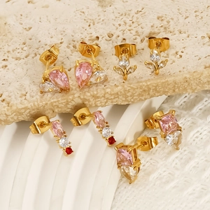 Elegant gold titanium steel stud earrings set with pink and clear zircon crystals
