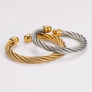 Adjustable stainless steel twisted cable wire cuff bracelets in gold and silver finish