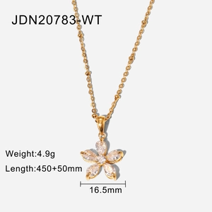 Detailed specs for 18K gold flower necklace with white zircon and 16.5mm pendant size