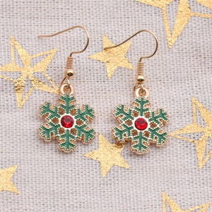 Christmas snowflake earrings in gold finish with green enamel and red crystal accent