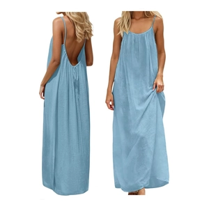 Detail of blue backless maxi dress showing the thin straps and elegant pleated texture