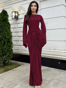Robe Maxi Femme Col Rond Manches Longues Taille Froncée Détail Noeud Manches Cloche Couleur Unie Polyester Spandex