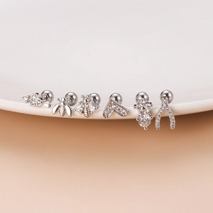 Set of six silver stainless steel stud earrings with heart, bee, and zircon stone details