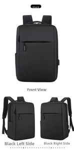 Three-way view of a large capacity black business laptop backpack for commuting