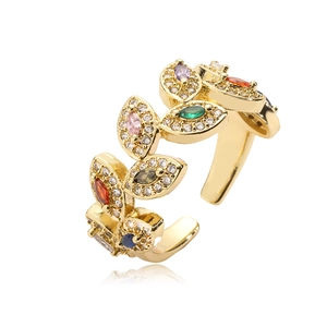 18K gold plated copper leaf open ring with colorful zircon stones in marquise cut