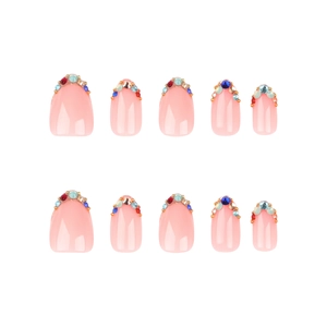 Reusable jelly pink press-on nails set with multicolored crystal rhinestones and glitter