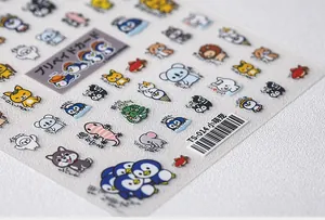 Macro detail of 5D cute cartoon animal nail art stickers with 3D embossed texture