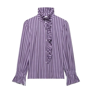 Purple vertical stripe shirt with ruffle high neck and flaring cuffs, flat lay view