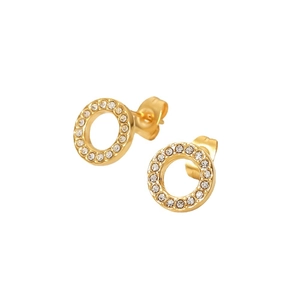 Gold plated stainless steel hoop earrings featuring micro paved sparkling white zirconias