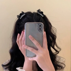 Black Bowknot Hair Claw Clip Elegant Mesh Fabric Faux Artificial Pearl Headwear For Women French Style Hair Accessories