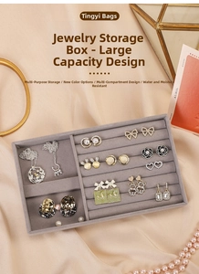 Detailed view of grey velvet jewelry tray with multi-slot design for rings and earrings