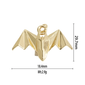 Detailed size chart for gold origami bat pendant with height, width and weight specs