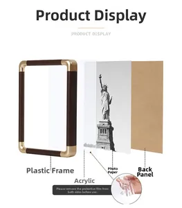 Exploded view of picture frame components including frame, glass, photo, and backboard