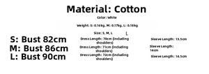 Size chart for white off-shoulder cotton dress detailing measurements and weight for S M L