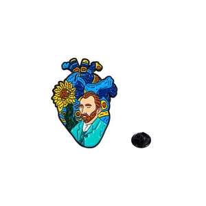 Detailed enamel heart pin featuring Van Gogh Starry Night and sunflower art design