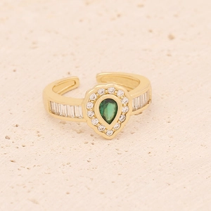 Golden adjustable crown ring with teardrop green gemstone and micro-pave zircons