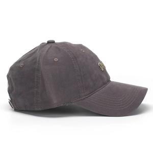 Detail view of charcoal grey cotton baseball cap with 3D letter embroidery and metal buckle