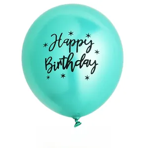 Detail of mint green 12-inch metallic latex balloon with Happy Birthday star print